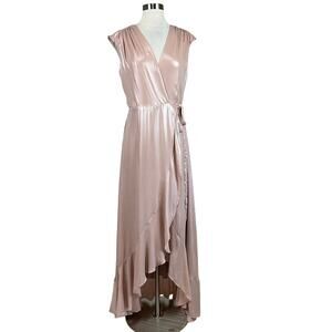 AQUA Sparkly Satin High Low Sleeveless Wrap Evening Gown Pink Size 6 Dress